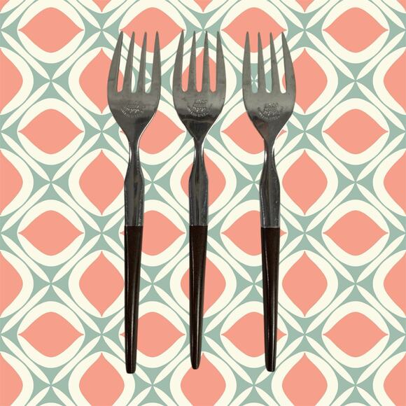 Ekco Eterna La Joya VTG Set 3 Salad Forks Stainless Steel Faux Wood Flatware - Picture 2 of 6